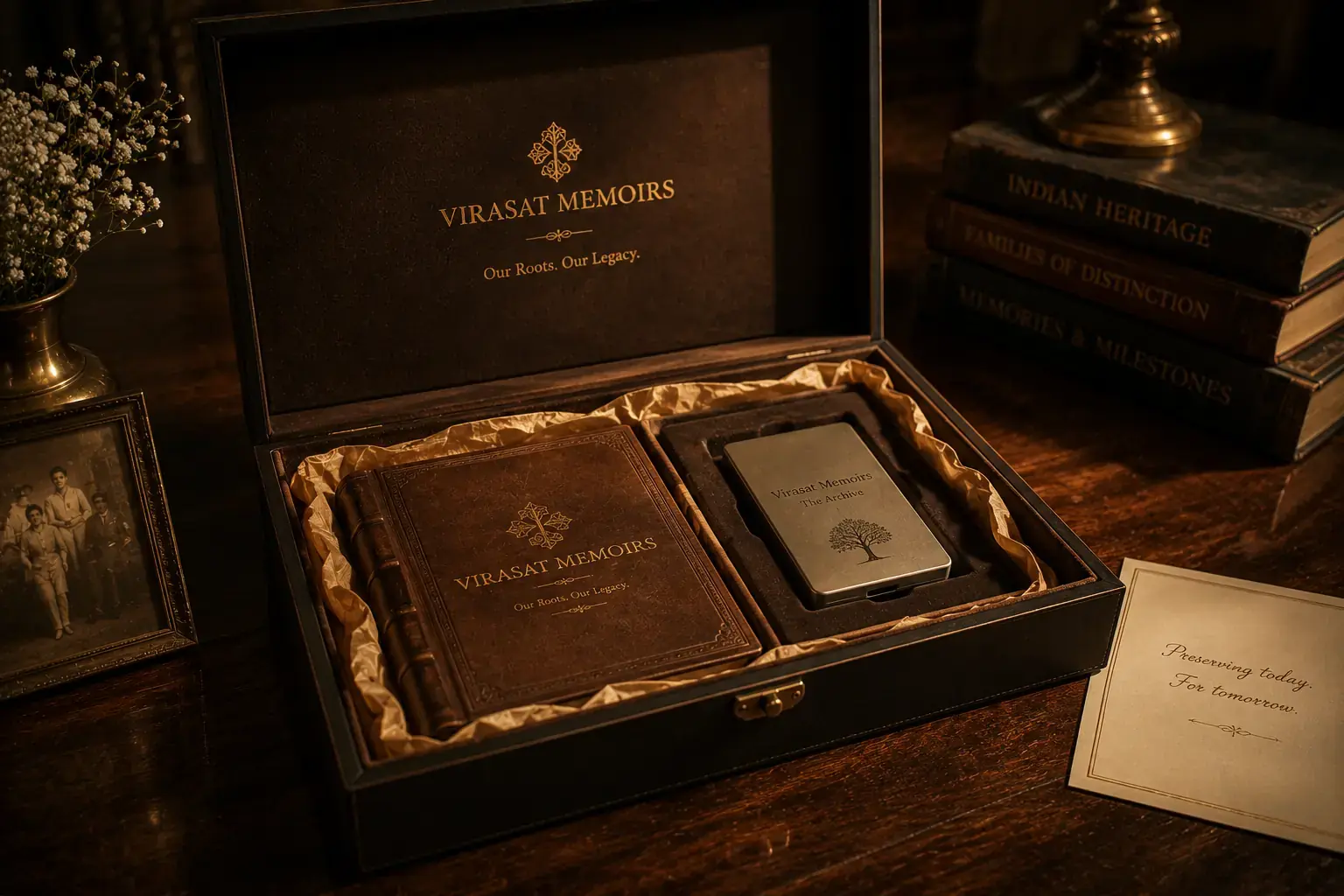 Luxury archival collection featuring Legacy film, memoir and restored family photographs